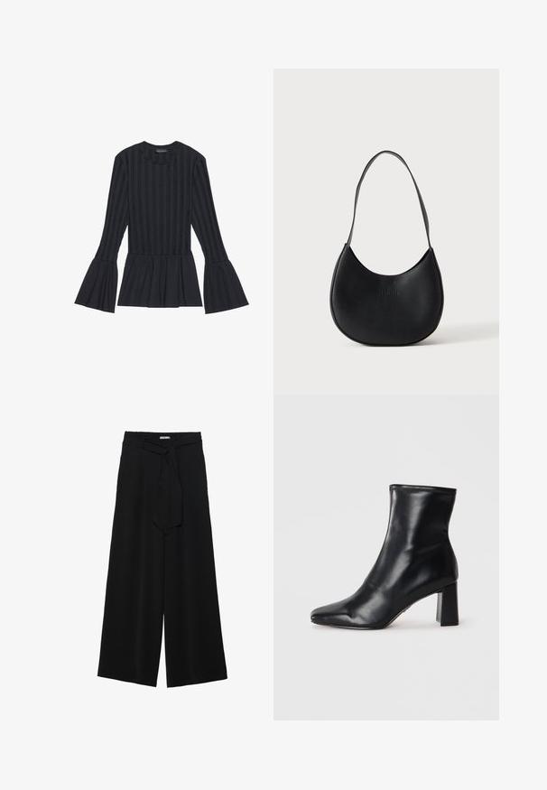 Top negro de manga larga con rayas verticales y mangas acampanadas. Presenta una silueta peplum y una tela suave y texturizada.; Pantalones de pierna ancha negros con un tejido texturizado, una cinturilla elástica y un lazo desmontable en la cintura para un ajuste ajustable.; Botín negro de cuero hasta el tobillo con punta afilada y un tacón cuadrado estructurado. Textura suave con un diseño elegante y minimalista.; Bolso de hombro negro de cuero en forma de media luna con una sola correa y el nombre de la marca en relieve sutil sobre un fondo liso y claro.