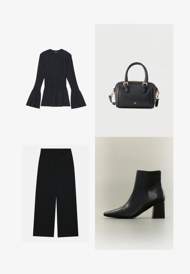 Haut noir à manches longues avec des rayures verticales et des manches évasées. Il présente une silhouette peplum et un tissu doux avec une texture.; Pantalons noirs à jambe large en tissu lisse. Dotés d'une taille plate avec passants de ceinture et sans poches visibles. Design simple.; Bottine noire en cuir avec bout pointu et talon bloc épais sur fond clair uni.; Sac à main en cuir noir avec double poignées, détails de boucles dorées, une bandoulière amovible et un petit emblème rond doré à l'avant.