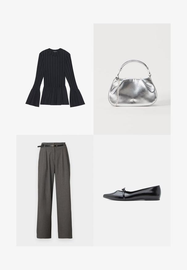 Top negro de manga larga con rayas verticales y mangas acampanadas. Presenta una silueta peplum y una tela suave y texturizada.; Pantalones de vestir grises de talle alto con pliegues y bolsillos laterales, combinados con un cinturón negro fino con hebilla redonda dorada.; Bailarina de charol negro con punta afilada, correa decorativa y textura lisa. Diseño minimalista sin adornos visibles.; Pequeño bolso metálico plateado con un asa corta y un detalle de correa de cadena sobre un fondo blanco liso.
