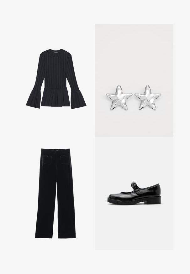 Sort langærmet top med lodrette striber og udvidede ærmer. Har en peplum-silhuet og blødt tekstureret stof.; Sorte velour bredbukser med to baglommer og en glat tekstur, der har en lige skæring og syede afslutninger ved anklerne.; Sort laklæder Mary Jane-sko med rund tå, lav blokhæl og justerbar spænde-rem over vristen.; Sølvstjernede øreringe med en poleret, blank overflade. Hver ørering har fem spidser og subtile teksturdetaljer på overfladen.