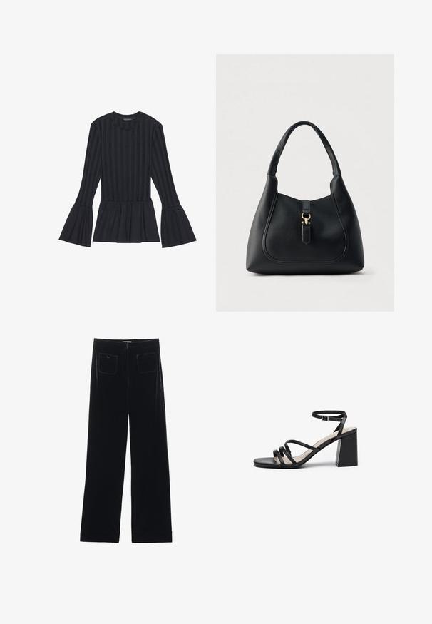 Sort langærmet top med lodrette striber og udvidede ærmer. Har en peplum-silhuet og blødt tekstureret stof.; Sorte velour bredbukser med to baglommer og en glat tekstur, der har en lige skæring og syede afslutninger ved anklerne.; Sorte hæle sandaler med flere tynde stropper, firkantet tå og blokhæl, med en justerbar ankelrem. Glat lædertekstur.; Sort læderhåndtaske med en struktureret overflade, buet form og et guldfarvet metalbeslag. Har et enkelt håndtag og en låsedetalje.