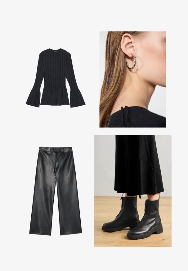Top negro de manga larga con rayas verticales y mangas acampanadas. Presenta una silueta peplum y una tela suave y texturizada.; Pantalones de cuero negro de pernera ancha con una textura suave, lazos para cinturón y cremallera frontal. Presenta un ajuste holgado y detalles de costura limpios.; Botas de tobillo de cuero negro con suela de plataforma gruesa y cremallera delantera. Textura suave con un diseño minimalista.; Pendiente de aro de plata con un acabado pulido, que presenta pequeños detalles en dorado y una forma redonda, llevado en el lóbulo.