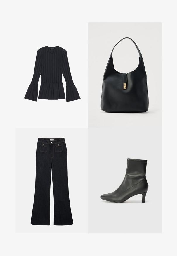 Sort langærmet top med lodrette striber og udvidede ærmer. Har en peplum-silhuet og blødt tekstureret stof.; Sorte denim jeans med høj talje, flared ben, to frontlommer og orange syninger. Materialet ser solidt og glat ud.; Sorte læder ankelstøvler med spids tå og 6 cm hæl. Overdelen har en glat tekstur med en tætsiddende design og diskret syning.; Sort læderhobo-taske med en tekstureret overflade, der har en guldfarvet lås og et enkelt buet håndtag til bæring over skulderen.