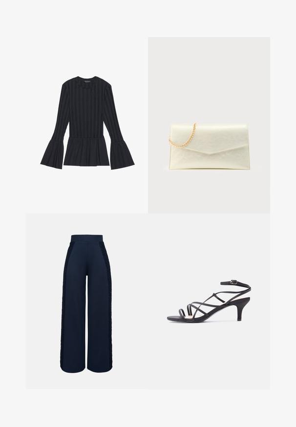 Sort langærmet top med lodrette striber og udvidede ærmer. Har en peplum-silhuet og blødt tekstureret stof.; Marineblå bukser med vide ben, høj talje og blonder langs ydersiden af begge ben.; Sort damesandal med stropper, lav lillehæl og ankelstrop med spænde på en ensfarvet lys baggrund.; Rektangulær kuvertclutch i cremefarve med en guldkæde, der er lagt over øverste venstre hjørne på en ensfarvet baggrund.