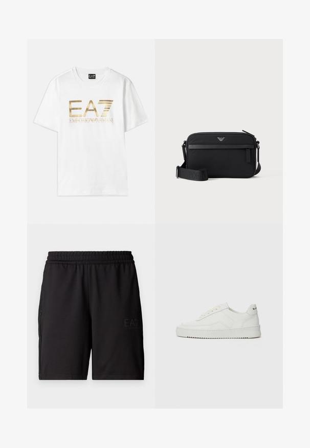 Biela bavlnená tričko s veľkým zlatým metalickým logom "EA7" a textom "EMPORIO ARMANI" pod ním, s krátkymi rukávmi a okrúhlym výstrihom.; Čierne športové šortky vyrobené z ľahkej tkaniny, s elastickým pásom a bočnými panelmi z jemnej sieťoviny. Na prednej strane je potlačené logo značky.; Biele kožené tenisky s hladkým povrchom, okrúly špičkový dizajn, ploché šnúrky a textúrovaná podrážka. Obsahujú jemné logo na päte.; Čierna obdĺžniková crossbody taška s predným vreckom na zips, nastaviteľným popruhom a malým kovovým logom v hornej strede.