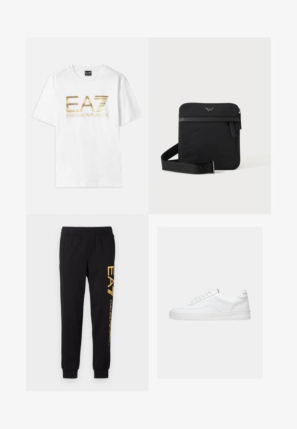 Camiseta de algodón blanca con un gran logo metálico dorado "EA7" y el texto "EMPORIO ARMANI" debajo, con mangas cortas y cuello redondo.; Chandal negro hecho de tela suave, con cinturilla elástica y tobillos ajustados. Marca amarilla impresa verticalmente en la pierna izquierda.; Zapatilla deportiva blanca de corte bajo con diseño con cordones, parte superior de cuero liso y suela gruesa, vista de lado sobre un fondo liso.; Bolso de hombro negro cuadrado con cierre de cremallera, bolsillo delantero y correa ajustable con nombre de marca en relieve.