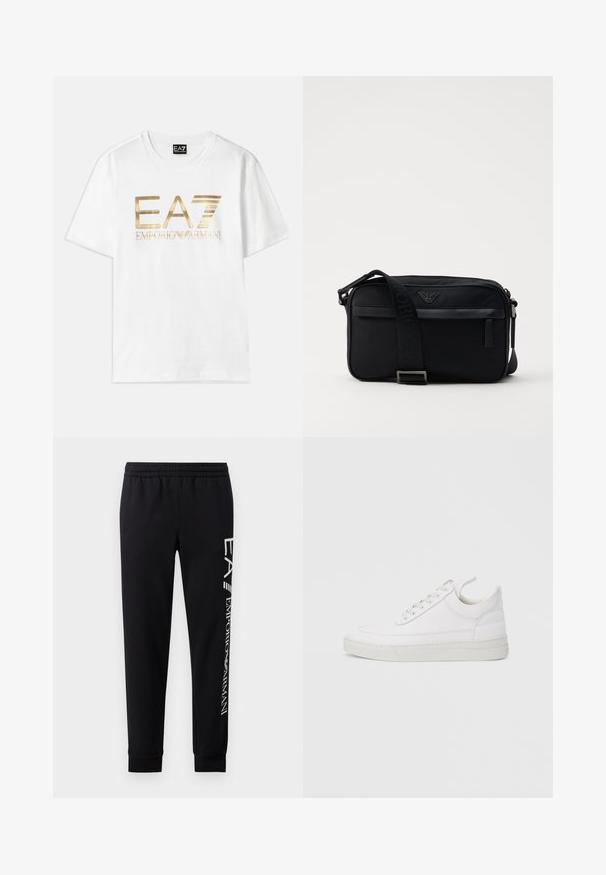 Camiseta de algodón blanca con un gran logo metálico dorado "EA7" y el texto "EMPORIO ARMANI" debajo, con mangas cortas y cuello redondo.; Pantalones de chándal negros hechos de una mezcla de algodón, con una cinturilla elástica, piernas estrechas, puños acanalados y estampado de logo blanco en el lateral.; Zapatilla blanca de cuero con punta redondeada, suela plana y cierre de cordones. Presenta detalles de costuras y un cuello acolchado para mayor comodidad.; Bolso de hombro negro de nailon con una correa de contraste, forma rectangular elegante, detalle del logo y un bolsillo con cremallera en la parte frontal.