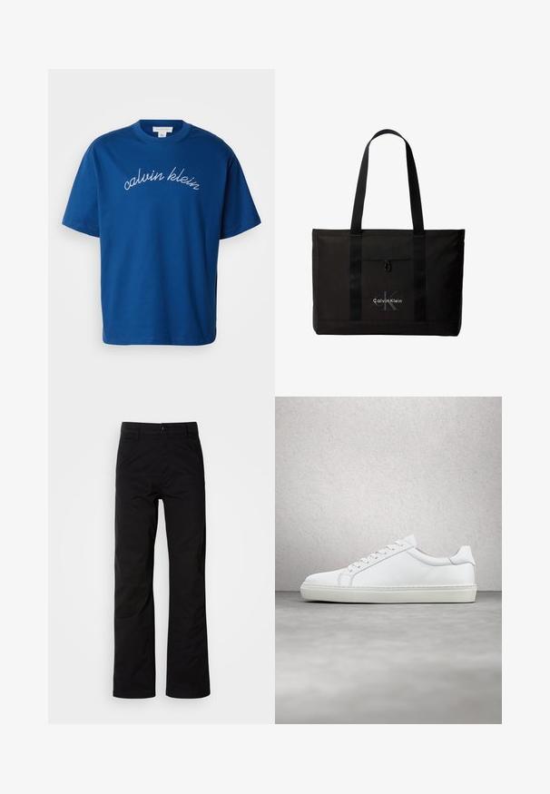 Blauwe katoenen t-shirt met een ronde hals en korte mouwen, met "calvin klein" elegant in witte cursieve letters geborduurd over de borst.; Zwarte katoenen broek met een recht design, voorzien van een knoopsluiting en riemlussen. Gladde textuur en minimalistische stijl zonder zichtbare patronen.; Witte sneaker met een gladlederen bovenwerk en een laag profiel. Voorzien van een ronde neus, zes vetergaatjes en een gestructureerde rubberen zool.; Zwarte Calvin Klein totebag met twee lange handvatten en een voorvak, met het logo van het merk in wit en grijs.