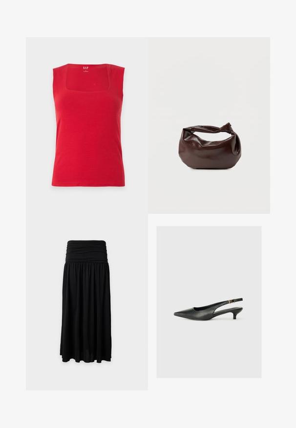 Débardeur rouge en coton avec un décolleté carrée et des bretelles larges. Texture lisse, coupe ajustée et logo de la marque imprimé à l'intérieur.; Jupe longue noire avec une large ceinture froncée et un tissu fluide et froncé sur un fond clair uni.; Chaussure slingback noire à bout pointu en cuir lisse. Présente un talon fin et un détail de boucle sur la sangle réglable.; Sac bandoulière en cuir marron foncé avec une forme souple et décontractée et une anse nouée torsadée sur un fond blanc uni.
