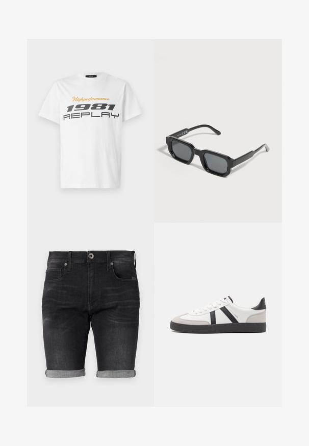 Replay SHORT SLEEVE GRAPHIC - Camiseta estampada - natural white; Pantalones cortos de mezclilla negra con un diseño ajustado, dobladillos enrollados y una cinturilla clásica que cuenta con un cierre de botón delantero y bolsillos laterales.; Zapatilla blanca con acentos en negro y gris, que presenta una puntera texturizada en gris, suela de goma negra y cordones planos blancos. Diseño limpio, estilo minimalista.; Gafas de sol rectangulares negras con montura gruesa y lentes tintados oscuros, inclinadas sobre un fondo blanco.
