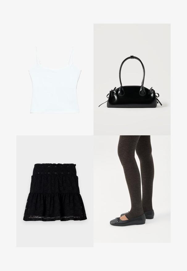 Camisole blanche courte avec fines bretelles spaghetti réglables et un décolleté droit.; Jupe en dentelle noire avec une taille élastique. Caractéristiques d'un design évasé et à plusieurs niveaux, avec une texture transparente, créant une apparence en couches.; Jambes portant des leggings côtelés foncés associés à des ballerines noires avec de petits détails en nœud sur fond blanc.; Petit sac à main noir brillant avec deux longues anses et des détails à cordon sur les côtés sur un fond clair uni.