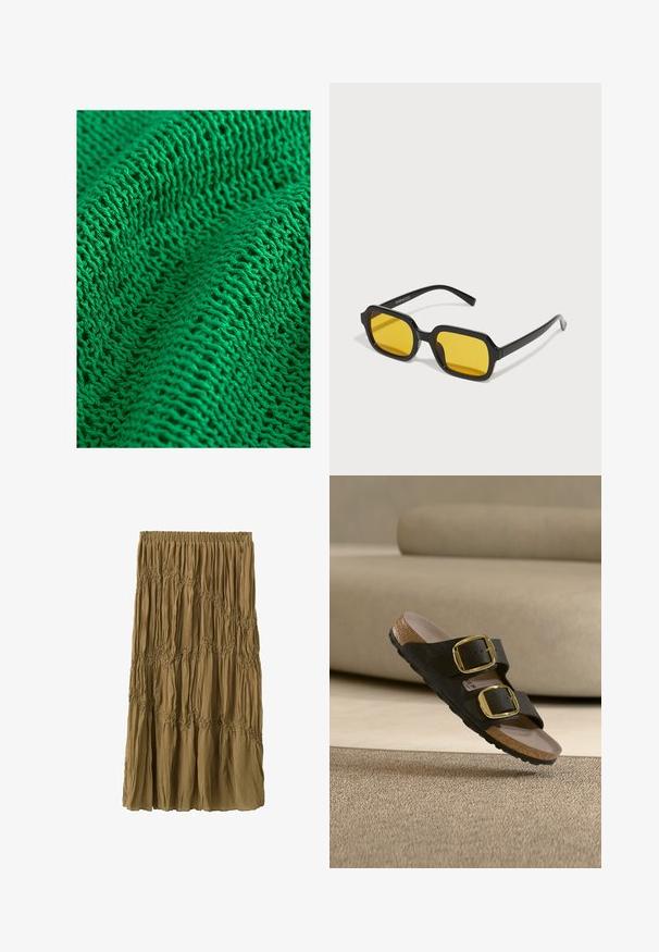 Tissu tricoté vert présentant un motif texturé avec un tissage lâche et ouvert, mettant en valeur des fils fins et de multiples points visibles.; Jupe longue marron avec taille élastique et détails de tissu froncés créant des motifs ondulés horizontaux tout au long de sa longueur.; Sandale noire avec deux boucles dorées et une semelle en liège flottant au-dessus d'un tapis beige devant un canapé au fond neutre.; Lunettes de soleil rectangulaires noires avec des verres jaunes. Les caractéristiques incluent des montures épaisses et un design anguleux avec une finition lisse et brillante.