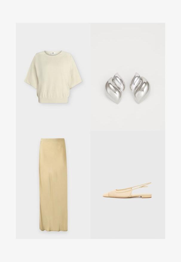 Pull crème à manches courtes avec col rond et bas élastiqué, présenté sur un fond uni gris clair.; Jupe droite beige, taille haute, longueur cheville, avec une texture lisse et sans motifs ni ornements visibles.; Chaussure plate slingback en beige clair avec une tige en maille, un bout pointu et un petit talon. Dotée d'une sangle ajustable pour un bon maintien.; Boucles d'oreilles en argent avec une forme organique et abstraite. Surface lisse et brillante avec un design effilé. Présente des courbes subtiles et un détail central en ligne.