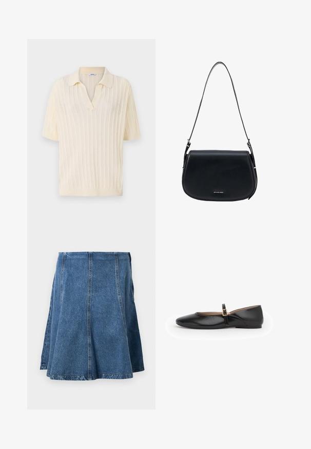 Cremefarvet kortærmet polo med V-hals, med ribbet tekstur, åbenstrik design og solid krave.; Denimnederdel i mellemblå med en udsvinget form, har synlige syninger, en talje og en kant, der svagt bølger i bunden.; Sort læder flad sko med rundet tå og en tynd rem med en lille guldlås, vist i profil på hvid baggrund.; Sort læder Michael Kors skuldertaske med buet klap og justerbar rem, med lille sølvlogo foran i midten.