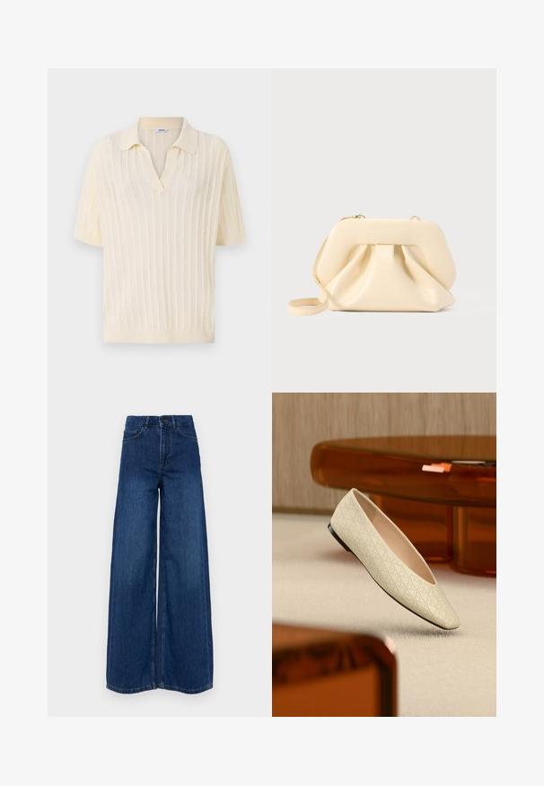 Cremefarvet kortærmet polo med V-hals, med ribbet tekstur, åbenstrik design og solid krave.; Vanessa Bruno BILBAO - Wide leg - royal; Beige flad sko med geometriske perforeringer svævende over et lyst tæppe i et rum med ravfarvet møbler.; Beige blød læder clutch-taske med struktureret ramme og rynket frontdetalje, med en tynd håndledsrem og guldlås.