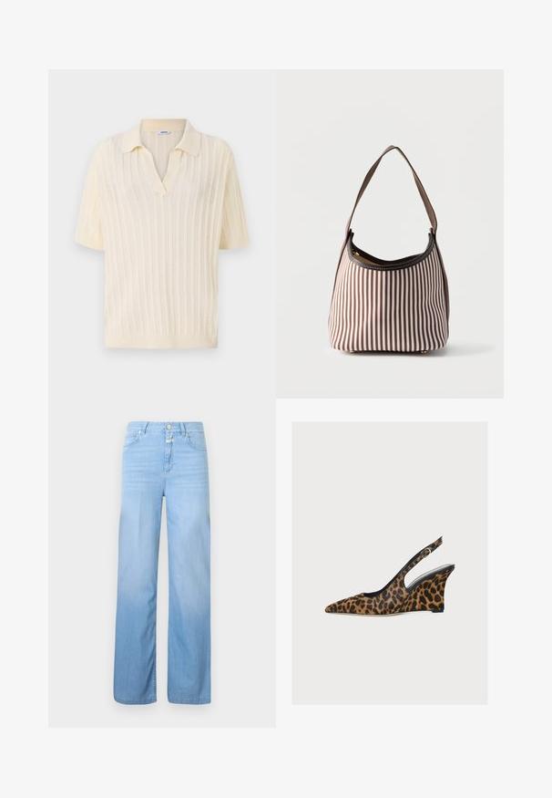 Cremefarvet kortærmet polo med V-hals, med ribbet tekstur, åbenstrik design og solid krave.; Lyseblå denimjeans med lige ben, 5-lomme-design, knaplukning og falmet tekstur mod bunden.; Leopardmønstret kilehæl-slingback med spids tå, sort indvendig foring og justerbar ankelrem, vist på en ensfarvet hvid baggrund.; Brun og hvid håndtaske med lodrette striber, med en enkelt skulderrem og en synlig lynlås ved den øverste åbning.