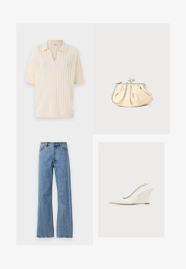 Cremefarvet kortærmet polo med V-hals, med ribbet tekstur, åbenstrik design og solid krave.; Lyseblå højtaljede lige jeans med frontknap, lynlås og femlomme-design på hvid baggrund.; Kremfarvet kilehæl med åben hæl, justerbar spænde og glat finish på ensfarvet baggrund.; Plisseret beige læderclutch med en sølvmetalramme, der har to runde dekorative låse og en sølvkædetrasporte.