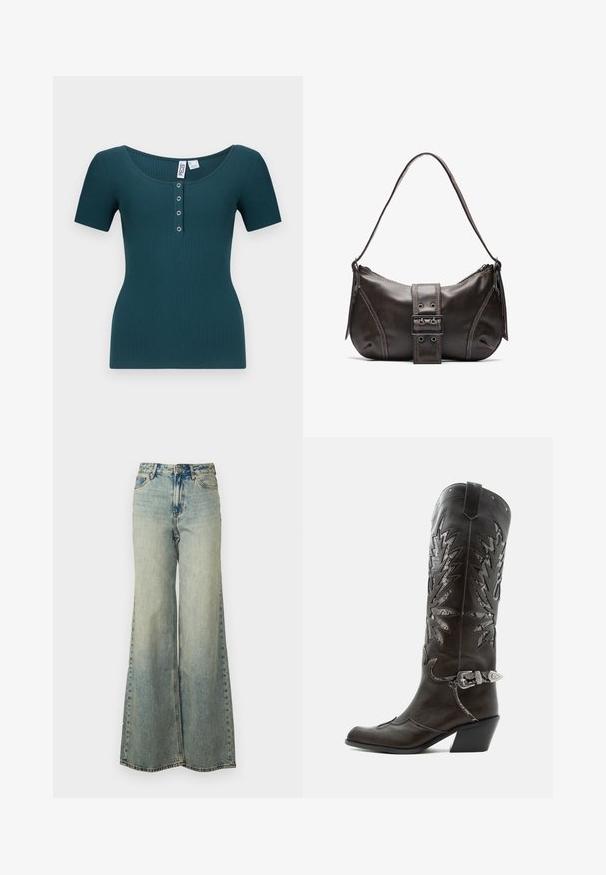 Türkise gerippte Kurzarmbluse mit Rundhalsausschnitt und sechs Knöpfen. Sie hat eine figurnahe Silhouette und einen strukturierten Stoff.; Helles blauweite Jeans im Denim-Stil mit hoher Taille, ausgewaschenem Finish und seitlichen Taschen mit sichtbaren Nähten.; Schwarzer Leder-Cowboystiefel mit dekorativen Ausschnitten, silberner Schnalle und schräger Ferse, auf weißem Hintergrund dargestellt.; Braune Lederumhängetasche mit gebogener Form, die mit einem auffälligen Schnallendetail, kontrastierenden Nähten und einem einzigen Schulterriemen ausgestattet ist.