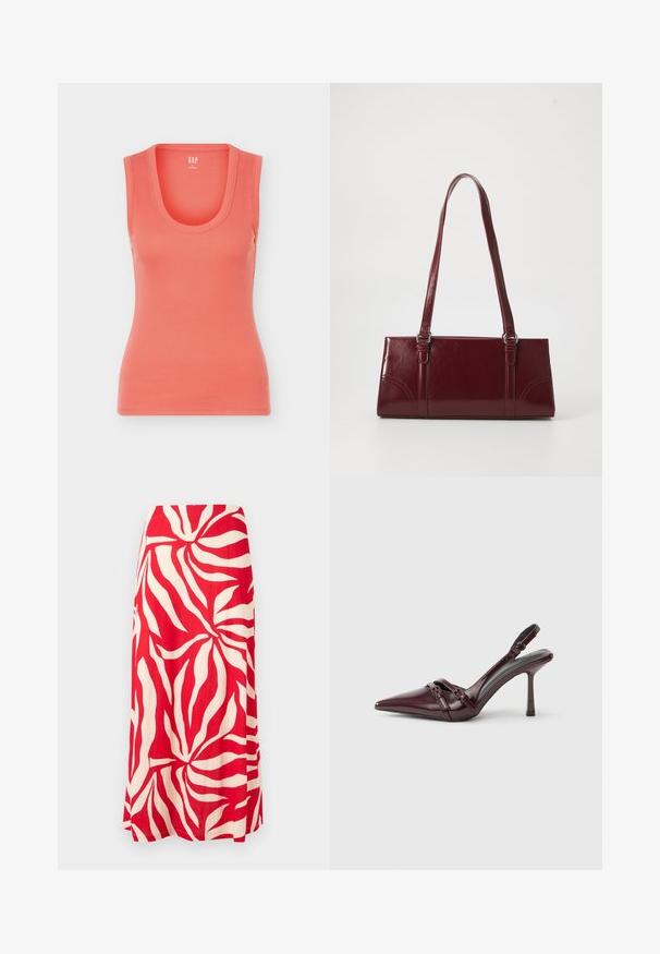 Débardeur sans manches côtelé corail avec encolure arrondie, coupe ajustée et étiquette GAP à l'intérieur du col.; Jupe maxi rouge et blanche avec un grand motif abstrait de feuilles, silhouette évasée en A et une taille lisse.; Escarpin slingback en cuir verni bordeaux avec bout pointu, fine bride à la cheville et petit détail décoratif de boucle. Texture lisse et talon haut.; Sac à main bordeaux en matériau brillant, de forme rectangulaire, avec deux anses et des accents légèrement courbés à l'avant.