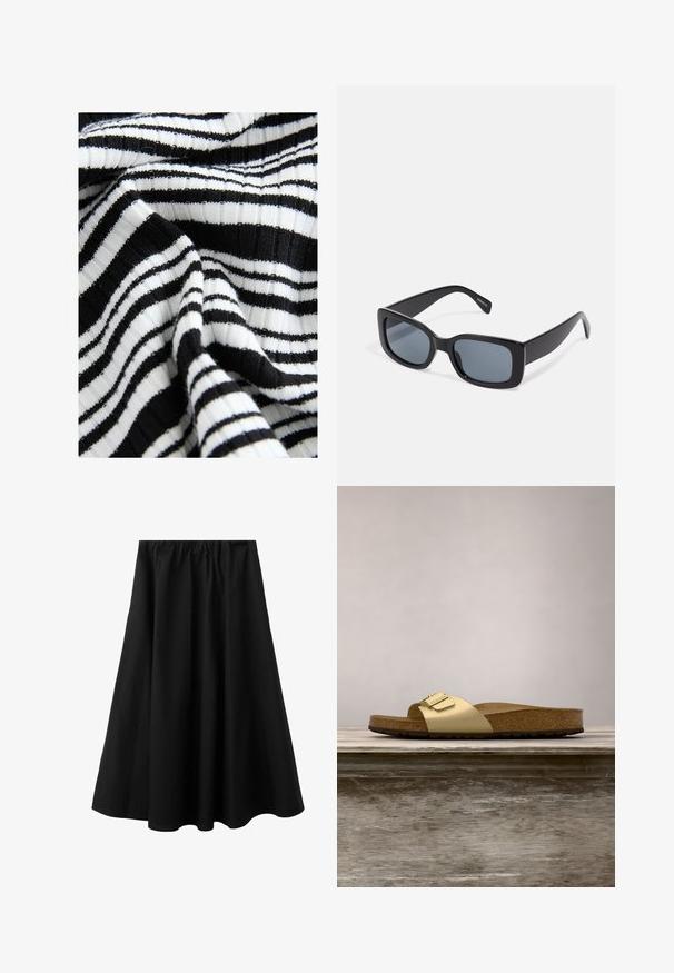 Tissu rayé noir et blanc avec une texture côtelée ; des rayures larges et étroites alternées créent un motif audacieux.; Jupe midi noire avec taille élastique et légère évasement, en tissu lisse adaptée pour un usage décontracté ou formel.; Sandale glissante synthétique dorée avec une seule sangle et un accent de boucle, dotée d'un pied en liège brun et d'une semelle en caoutchouc texturé.; Lunettes de soleil rectangulaires noires avec des verres teintés foncés, monture en plastique épaisse et branches larges. Surface lisse et design angulaire.
