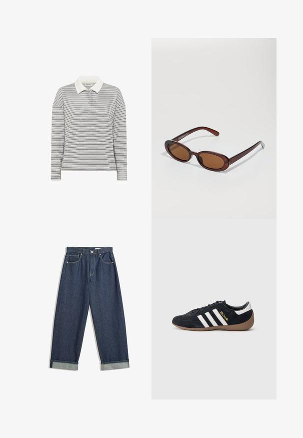 My Essential Wardrobe MWKLARA - Poloshirt - peal blue striped; Donkerblauwe wijde denim jeans met opgerolde mouwen, voor knoop en rits, riemlussen en vijf zakken.; Zwarte suède sneaker met drie witte strepen, een rubberen gumzool en een klein gouden logo aan de zijkant. Heeft een gladde zwarte binnenvoering.; Ronde, bruin getinte zonnebril met een glanzend bordeauxrood frame. Slanke pootjes met subtiele merkdetails. Vlakke lensontwerp.