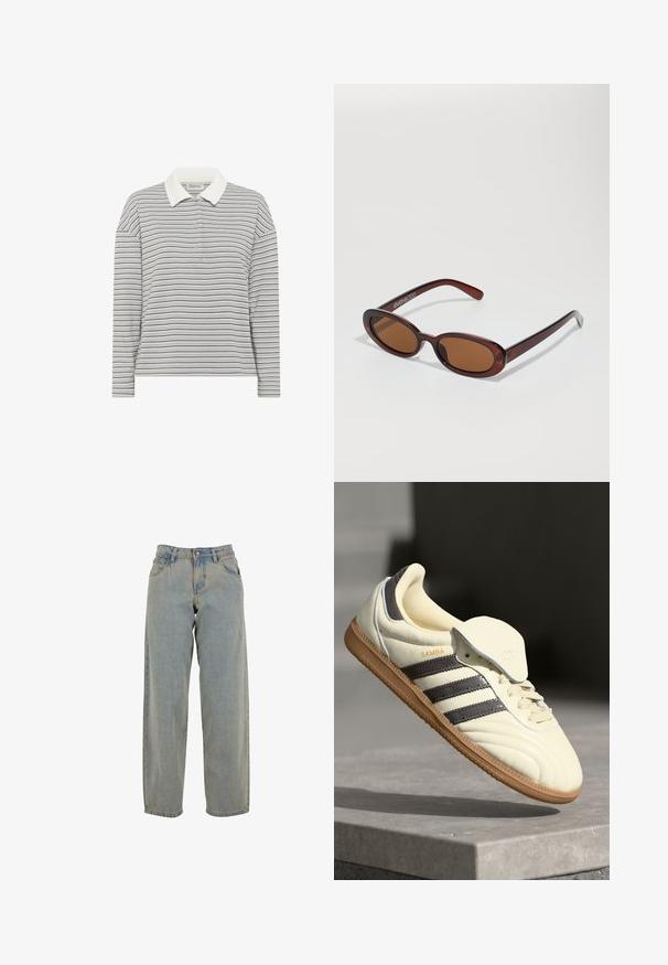 My Essential Wardrobe MWKLARA - Poloshirt - peal blue striped; Lichtblauwe denim wijde leg jeans met een hoge taille, twee voorkruiken en een knoopsluiting. Zachte textuur en een relaxed fit.; Crème leren sneaker met drie donkere strepen, een bruine gumrubberen zool en een ronde neus. Voorzien van een opvouwbare tong met het label "SAMBA."; Ronde, bruin getinte zonnebril met een glanzend bordeauxrood frame. Slanke pootjes met subtiele merkdetails. Vlakke lensontwerp.