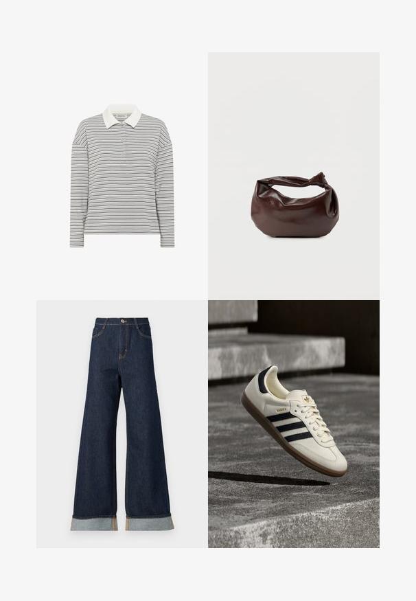 My Essential Wardrobe MWKLARA - Poloshirt - peal blue striped; Brede broekspijpen in donkerdenim met oranje stiksel, met een hoge taille, twee voorzakken en omgeslagen manchetten die een lichtblauwe contraststof laten zien.; Witte Adidas Samba sneaker met zwarte strepen en gumzool, zwevend boven gestructureerde grijze betonnen treden.; Donkerbruine leren schoudertas met een zachte, slungelige vorm en een gedraaide knoopvormige handgreep op een effen witte achtergrond.