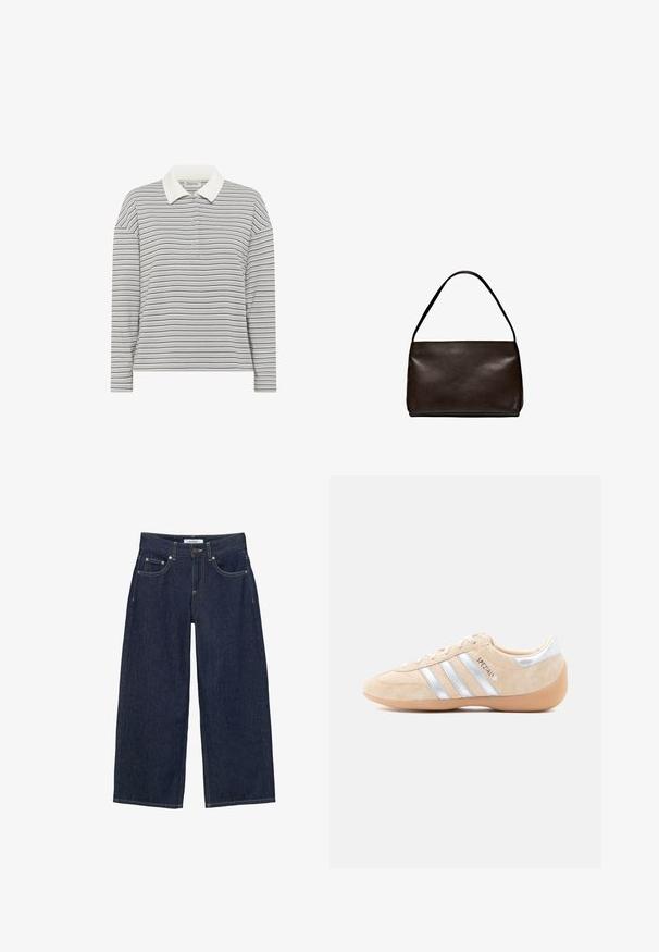 My Essential Wardrobe MWKLARA - Poloshirt - peal blue striped; Donkerblauwe denim broek met wijde pijpen, voorzakken, een ceintuurlus, knoopsluiting en contrasterende stiksels.; Beige suède sneaker met zilveren accenten, drie zijstrepen, rubberen gumzool en gestructureerde details op de neus en hiel.; Rechthoekige donkerbruine leren handtas met een enkele schouderriem, gladde textuur en eenvoudig, minimalistisch ontwerp.