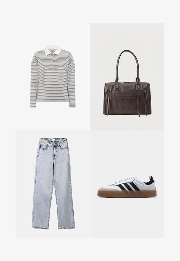 My Essential Wardrobe MWKLARA - Poloshirts - peal blue striped; Lysblå lige ben jeans lavet af denim, med to frontlommer, en knaplukning og kontraststing langs sømmene.; Hvide lædersneakers med sorte striber, gummirubber sål, rund tå, snørelukning og blød grå ruskinds tåhætte.; Mørkebrun læderhåndtaske med dobbelte håndtag, front lynlåslomme og to lodrette lynlåsdetaljer på siden på en hvid baggrund.