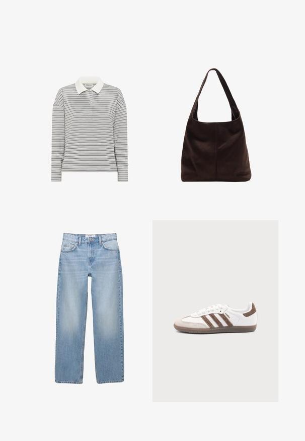 My Essential Wardrobe MWKLARA - Poloshirts - peal blue striped; Lyseblå denimbukser med lige ben, fem-pockets stil og synlige syninger. Stofmaterialet har en blød, let falmet tekstur.; Hvid Adidas Samba sneaker med brune ruskindstriber, brun gummisål og beige ruskindståhætte, vist fra ydersiden på en ensfarvet baggrund.; Brun ruskind skuldertaske med et bredt, fladt håndtag. Blød, ustruktureret design med en central søm. Ingen synlig hardware eller udsmykninger.