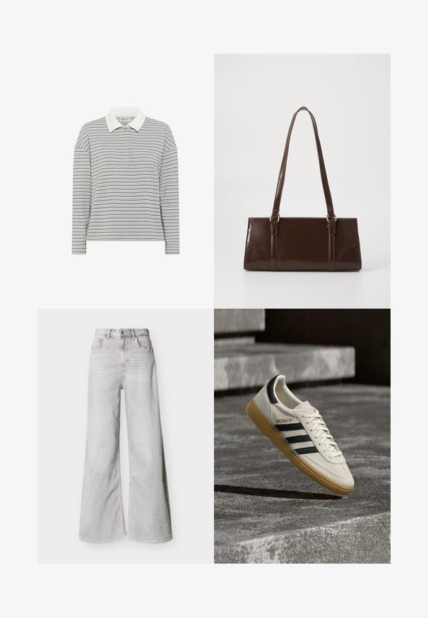 My Essential Wardrobe MWKLARA - Poloshirt - peal blue striped; Lichtgrijze jeans met wijde pijpen van denim, voorzien van een hoge taille, steekzakken aan de voorkant en een knoopsluiting. Glad oppervlak met een subtiele vervaagde uitstraling.; Witte Adidas Spezial sneaker met zwarte strepen en gumzool, zwevend boven grijze stenen trappen buiten.; Bruine lakleren handtas met een rechthoekige vorm, twee lange handvatten en subtiele gebogen accenten aan de voorkant.