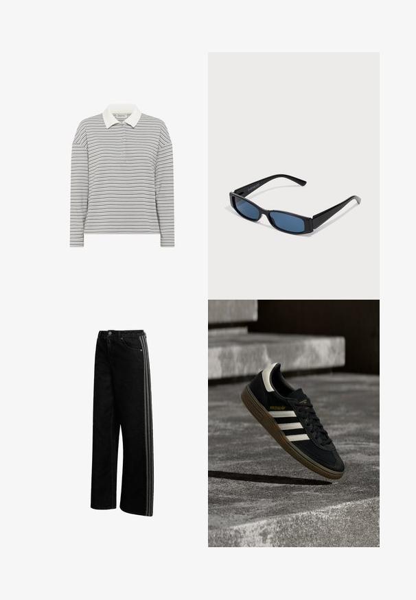 My Essential Wardrobe MWKLARA - Poloshirts - peal blue striped; Sorte denim bukser med vidde i benene, kontrastfarvede striber i siden, knaplukning og klassisk fem-lomme-design. Glat tekstur, ingen synlige mønstre.; Sort Adidas-sneaker med hvide striber og gummisåler, svævende over grå betontrapper i naturligt lys.; Sorte solbriller med en slank rektangulær ramme og blå linser. Har en glat overflade og robuste stænger. Mærkets logo på siden.