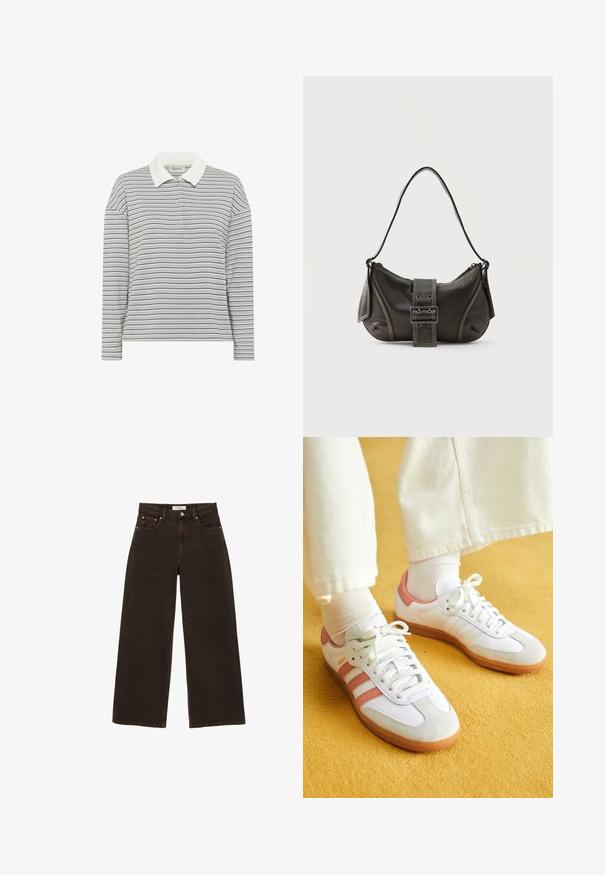 My Essential Wardrobe MWKLARA - Poloshirt - peal blue striped; Donkerbruine, wijde spijkerbroek met knopen en ritssluiting aan de voorkant, voorzakken met klinknagels en riemlussen, plat gelegd op een witte achtergrond.; Witte sportschoenen met roze accenten, gemaakt van suede en leer, met een ronde neus en een rubberen zool, weergegeven met lichtgekleurde sokken op een gele achtergrond.; Zwarte leren schoudertas met gespsluiting aan de riem, afgeronde hoeken en contrasterende witte stiksels op een effen achtergrond.