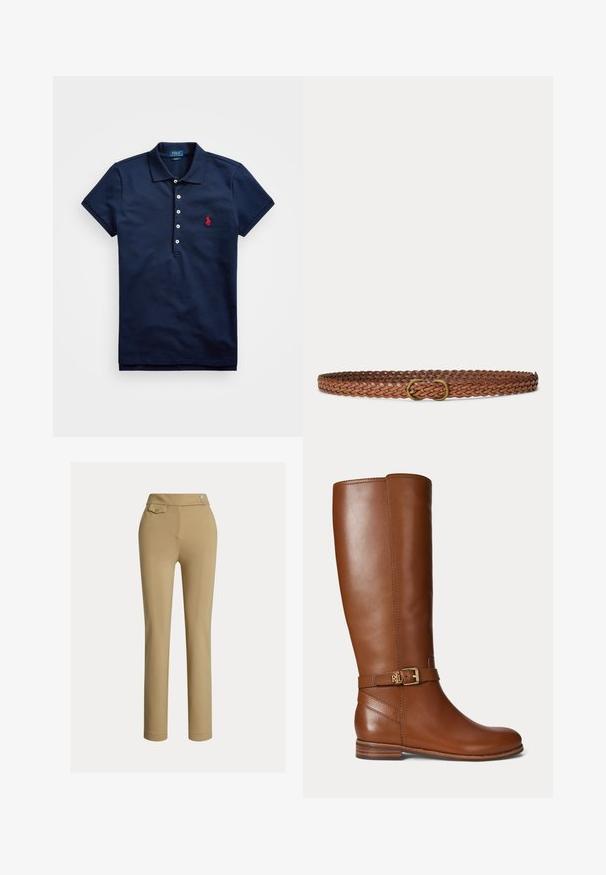 Polo de color azul marino hecho de algodón, con mangas cortas, tapeta de tres botones y un logo bordado en rojo en el lado izquierdo del pecho.; Pantalones de mujer ajustados en color beige con cintura alta, dos botones en el lado y un pequeño bolsillo con tapeta abotonada cerca de la cintura.; Bota marrón de cuero hasta la rodilla con una pequeña hebilla dorada y el logo "RL" en la correa cerca del tobillo, tacón plano y acabado liso.; Cinturón de cuero trenzado marrón con una pequeña hebilla ovalada de latón, mostrado plano sobre un fondo gris claro.