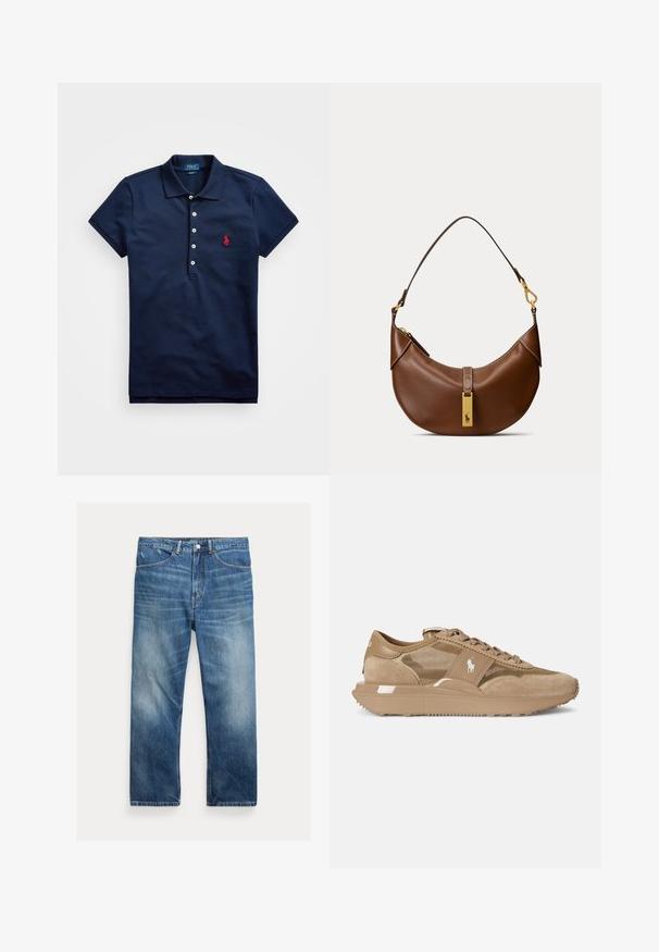 Navy blå polo skjorte lavet af bomuld med korte ærmer, tre-knaps placket og et rødt broderet logo på venstre bryst.; Blå vaskede denimjeans med lige ben, forlommer, bæltestropper og falmede detaljer på lår og knæ.; Lysebrune sneakers med en kombination af ruskind og mesh-materialer, med en tekstureret sål, snørebånd og et lille logo på siden.; Brun læder skuldertaske i halvmåneform med en enkelt rem og en gylden rektangulær mærkat med en hestelogo.
