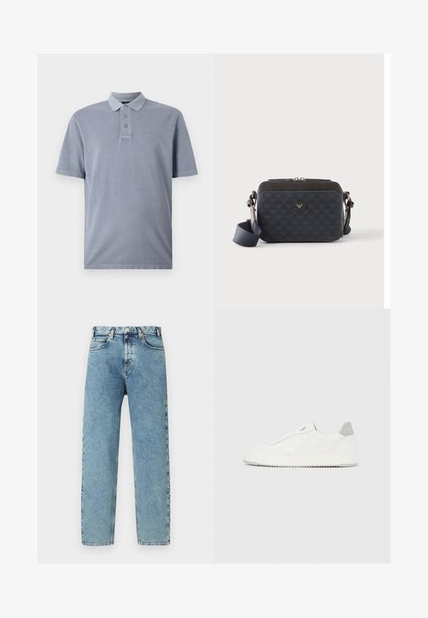Hele helesinine polo särk, mis on valmistatud tekstuurist kangast, omab klassikalist kraed, kolme nupuga avamist ja alaealist broderingut rinnas.; Hele sinised teksapüksid sirge säärega, viie tasku ja messingist nööpidega kinnitusega. Kangal on veidi tekstuuriga, pleekinud välimus.; Valge madala lõikega tennisking halli kandklambri, valgete paelte ja tekstuuriga tallaga, esitletud ühtlasel heledal taustal.; Ristkülikukujuline tumesinine risti kehale kantav kott reguleeritava rihma, luku ja peene logomustriga esipaneelil.