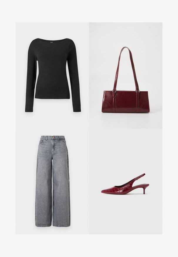 Zwart, lang mouw fitted shirt met een brede ronde halslijn, weergegeven tegen een witte achtergrond.; Wijde denim jeans in een vervaagde grijze was, met vijf zakken, een knoopsluiting en een zachte textuur met subtiele whiskerdetails.; Bordeaux lederen slingback pump met krokodillenstructuur, puntige neus, verstelbare gesp en lage kittenhak op een witte achtergrond.; Bourgondische handtas van glanzend materiaal, rechthoekige vorm, met twee schouderbanden en subtiele gebogen accenten aan de voorkant.
