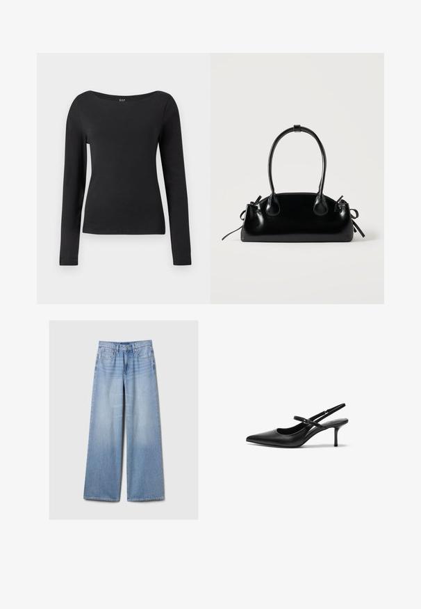 Zwart, lang mouw fitted shirt met een brede ronde halslijn, weergegeven tegen een witte achtergrond.; Lichtblauwe denim jeans met wijde benen, met voorzakken, riemlussen en een knoop- en ritsluiting.; Zwarte leren slingback hakken met een puntige neus, slanke verstelbare band en een ongeveer 5 cm hoge stiletto hak, met een gladde textuur.; Kleine zwarte glanzende handtas met twee lange hengsels en zijkant trekkoord details op een effen lichte achtergrond.