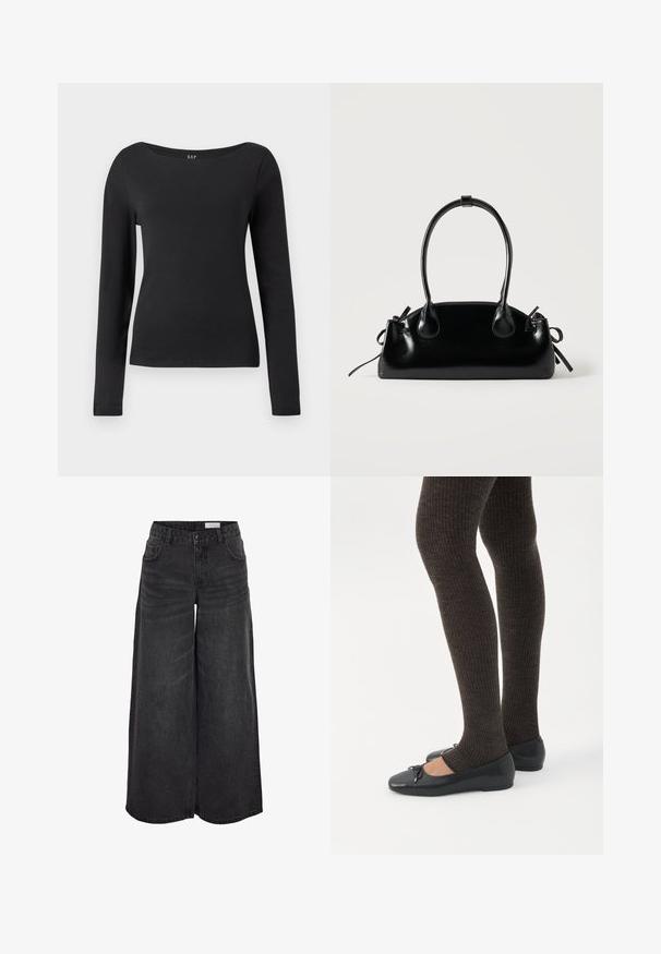 Camisa negra de manga larga ajustada con un amplio escote redondo, mostrada contra un fondo blanco liso.; Pantalones de mezclilla negros de pierna ancha con una cintura alta, bolsillos frontales y una textura sutil; diseñados para un ajuste relajado.; Piernas con leggings oscuros acanalados combinados con bailarinas negras que presentan pequeños detalles de lazo sobre un fondo blanco.; Pequeño bolso negro brillante con dos asas largas y detalles de cordón lateral sobre un fondo claro liso.