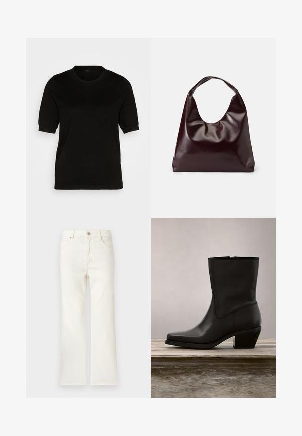 Pull noir à manches courtes avec un col rond, texture tricot lisse et coupe ajustée, présentant des poignets et un ourlet côtelés pour une finition soignée.; Jean crème taille haute, jambe droite, avec poches avant, fermeture par bouton et passants pour ceinture sur fond uni.; Bottine en cuir noir avec un bout pointu, un petit talon carré, une texture lisse et un détail de couture minimaliste. Fermeture éclair visible à l'arrière.; Sac en cuir vegan bordeaux, brillant, avec une forme douce et sculpturale et une large poignée incurvée pour un transport facile.