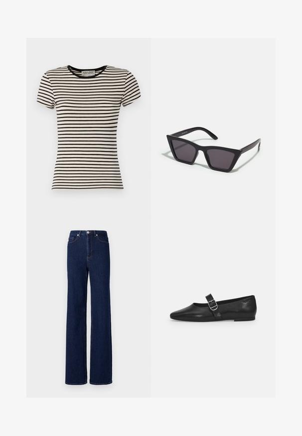 Schwarz-cream gestreiftes Kurzarm-T-Shirt mit Rundhalsausschnitt, aus weichem Stoff gefertigt. Gerader Schnitt mit sorgfältiger Verarbeitung. AWARE-Branding sichtbar.; Dunkelblaue Denim-Jeans mit hoher Taille, weitem Bein und klassischem Fünf-Taschen-Design. Abgerundet mit kontrastierenden Nähten und einem Metallknopf.; Schwarzer Lederflatschuh mit runder Zehenform, einem verstellbaren Schnallenriemen und einer glatten, glänzenden Oberfläche. Minimalistisches Design mit einem niedrigen Absatz.; Schwarze, eckige Sonnenbrille mit grauen Gläsern; aus Kunststoff gefertigt, mit dicken Bügeln, die eine glatte Oberfläche und keine sichtbaren Beschläge haben.