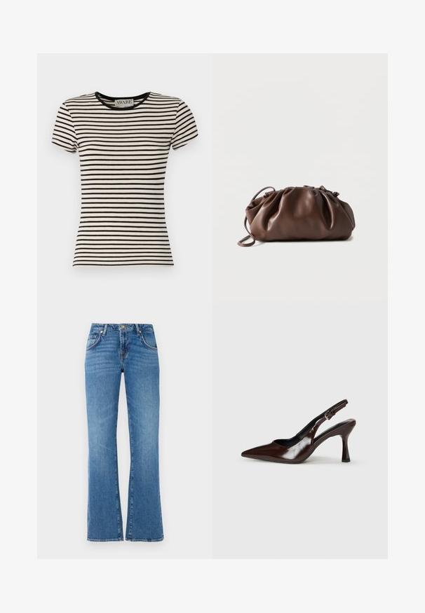 Schwarz-cream gestreiftes Kurzarm-T-Shirt mit Rundhalsausschnitt, aus weichem Stoff gefertigt. Gerader Schnitt mit sorgfältiger Verarbeitung. AWARE-Branding sichtbar.; Hellblaue Jeans mit ausgestelltem Bein, die fünf Taschen, einen Knopf- und Reißverschluss sowie dezente Waschungsspuren aufweisen.; Braune lackleder Slingback-Absätze mit spitzem Zehen, einem dünnen Absatz und einem verstellbaren Riemen mit einer kleinen Schnalle.; Weiche braune Lederbeuteltasche mit gerafftem oberen Teil und schmalem Riemen, auf weißem Hintergrund liegend.