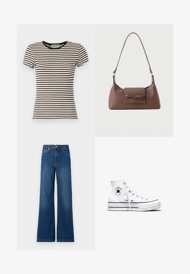 Zwart en crèmekleurig gestreept T-shirt met korte mouwen en een ronde hals, gemaakt van zacht materiaal. Rechte snit met een nette afwerking. AWARE-branding zichtbaar.; GAP STRIDE SUTTON - Wide leg - dark wash; Witte hoge Converse Chuck Taylor All Star sneaker met zwart logopatch en witte veters, weergegeven op een witte achtergrond.; Bruine leren schoudertas met een voorvak met klep en een gestikte strikdetail en een verstelbare band.