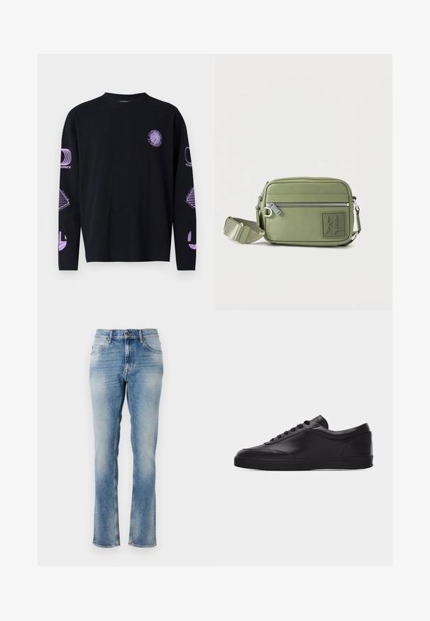 T-shirt long noir à manches longues avec des impressions graphiques violettes sur la poitrine et les manches, fabriqué dans un tissu au toucher lisse. Conception à col rond.; Jean en denim bleu clair au design droit, présentant un délavage subtil, cinq poches et des accents brodés à la taille et aux ourlets.; Baskets basses en cuir noir avec lacets sur le devant et semelle en caoutchouc plate, vues de côté sur un fond blanc uni.; Sac bandoulière rectangulaire vert olive avec fermeture éclair argentée, sangle réglable et patch logo KL embossé à l'avant.