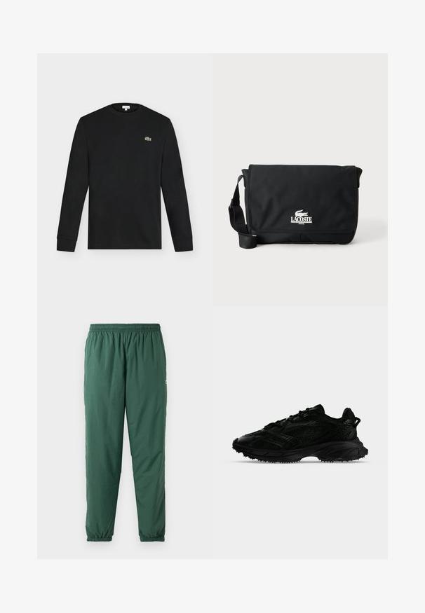 Sort langærmet crew neck skjorte med lille grønt krokodillelogo på venstre bryst, vist mod en ensartet lys baggrund.; Grønne, lette, elastiske bukser med en rynket talje og manchetter, lavet af et glat, vandafvisende materiale.; Sort atletiksko med tekstureret mesh og syntetiske overlays, tyk sål med mønster og trækstrop på hælen, vist fra siden på hvid baggrund.; Sort Lacoste messenger-taske med frontklap og justerbar skulderrem, med hvid krokodille-logo og teksten "Lacoste Paris".