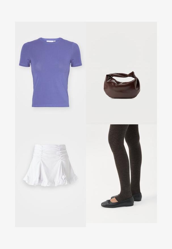 Weekday SLIM FITTED - T-shirt basique - purple; Jupe blanche en tissu texturé avec des détails froncés et un ourlet volanté. Présente un design évasé avec une taille ajustée.; Jambes portant des leggings côtelés foncés associés à des ballerines noires avec de petits détails en nœud sur fond blanc.; Sac bandoulière en cuir marron foncé avec une forme souple et décontractée et une anse nouée torsadée sur un fond blanc uni.