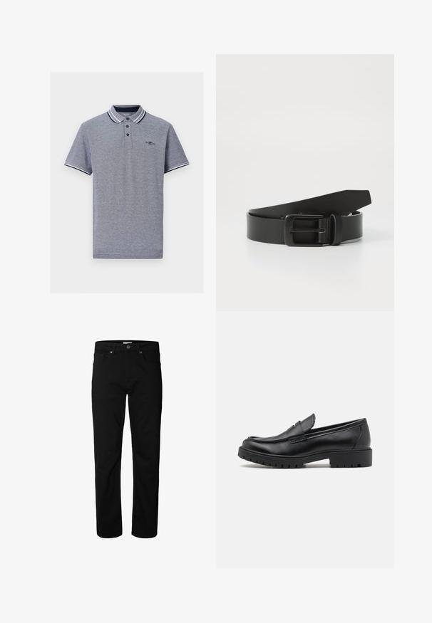 Camisa polo gris con cuello a rayas en contraste en azul marino y blanco, tapeta de tres botones y detalle sutil del logo en el pecho.; Vaqueros negros de corte recto con cierre de botón y cremallera, pasadores para cinturón y bolsillos delanteros y traseros, mostrados sobre un fondo blanco liso.; Mocasines de cuero negro con punta redondeada, diseño sin cordones y suela de goma gruesa con agarre texturizado. Tacón elevado y detalles de costura sutiles.; Cinturón de cuero negro con hebilla metálica negra mate, que presenta una textura suave y un diseño sencillo. Longitud ajustable con un extremo cónico.