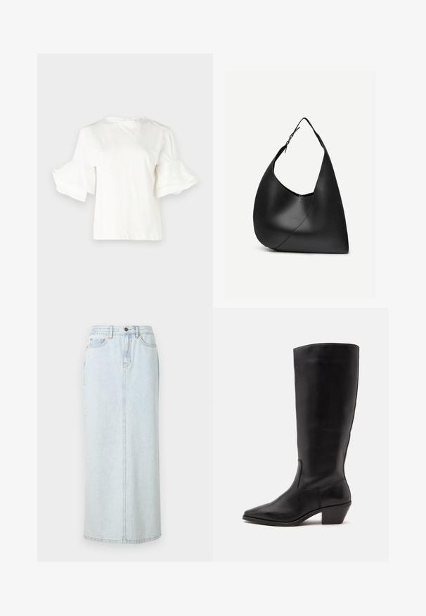 Witte top met korte mouwen en ronde halslijn, voorzien van uitlopende rokjesmouwen. Gemaakt van een lichtgewicht katoenmix, met een soepele textuur.; Lichtblauwe denim maxi rok met een rechte snit, voorzijde met knopen en zichtbare stiksels. Bevat twee voorzakken.; Zwarte leren laars tot half op de kuit met een puntige neus en een lage schuine hak op een effen lichte achtergrond.; Zwarte leren schoudertas met gebogen driehoekige vorm, enkele verstelbare riem en zichtbare diagonale naad aan de voorkant.