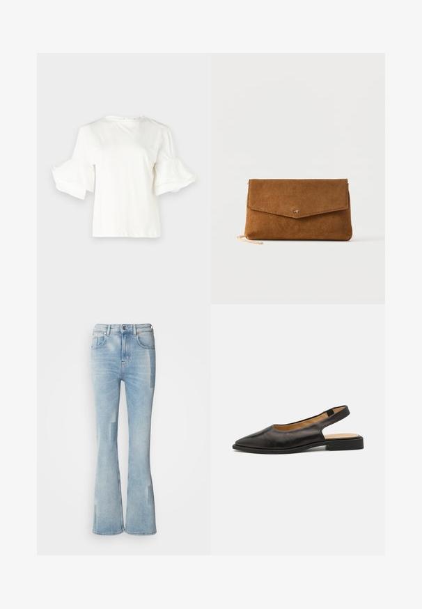 Witte top met korte mouwen en ronde halslijn, voorzien van uitlopende rokjesmouwen. Gemaakt van een lichtgewicht katoenmix, met een soepele textuur.; Scotch & Soda THE GLOW - Bootcut jeans - art from the heart; Zwarte leren slingback schoen met een puntige neus, lage hak en open achterkant. Heeft een gladde textuur en een minimalistisch ontwerp.; Bruine suède envelop clutch met een klein goudkleurig logo op de klep en een dunne gouden kettingriem gedeeltelijk zichtbaar.