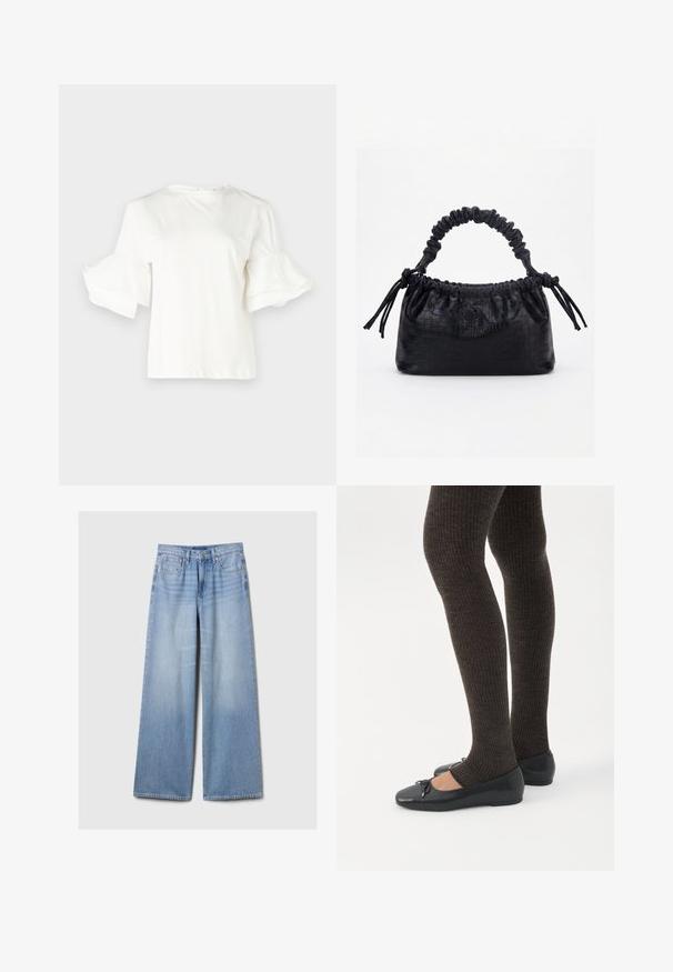 Witte top met korte mouwen en ronde halslijn, voorzien van uitlopende rokjesmouwen. Gemaakt van een lichtgewicht katoenmix, met een soepele textuur.; Lichtblauwe denim jeans met wijde benen, met voorzakken, riemlussen en een knoop- en ritsluiting.; Benen met donkere geribbelde leggings gecombineerd met zwarte ballerina's met kleine strikdetails op een witte achtergrond.; Zwarte handtas met krokodillenstructuur, geplooide bovenrand, samengevoerde handgreep en koordtassels aan elke kant tegen een witte achtergrond.